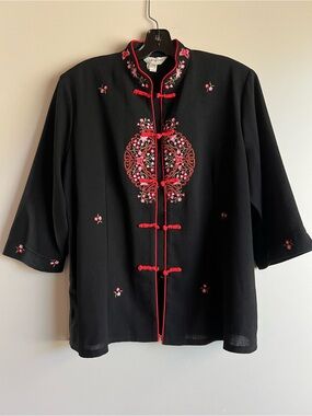 Member Black Embroidered Mandarin Jacket Womens XXXL Floral Asian Frog Closure